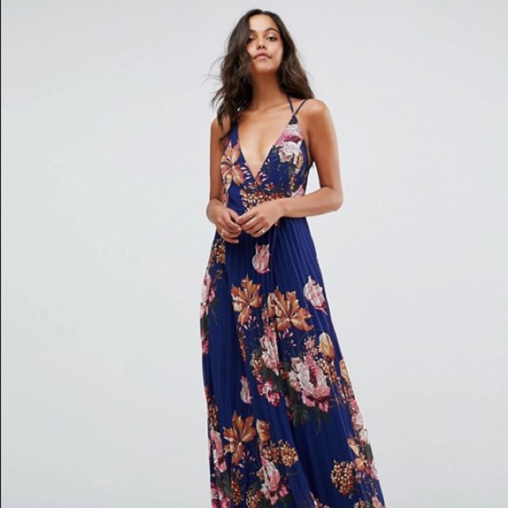 Asos maxi floral pleated blue dress